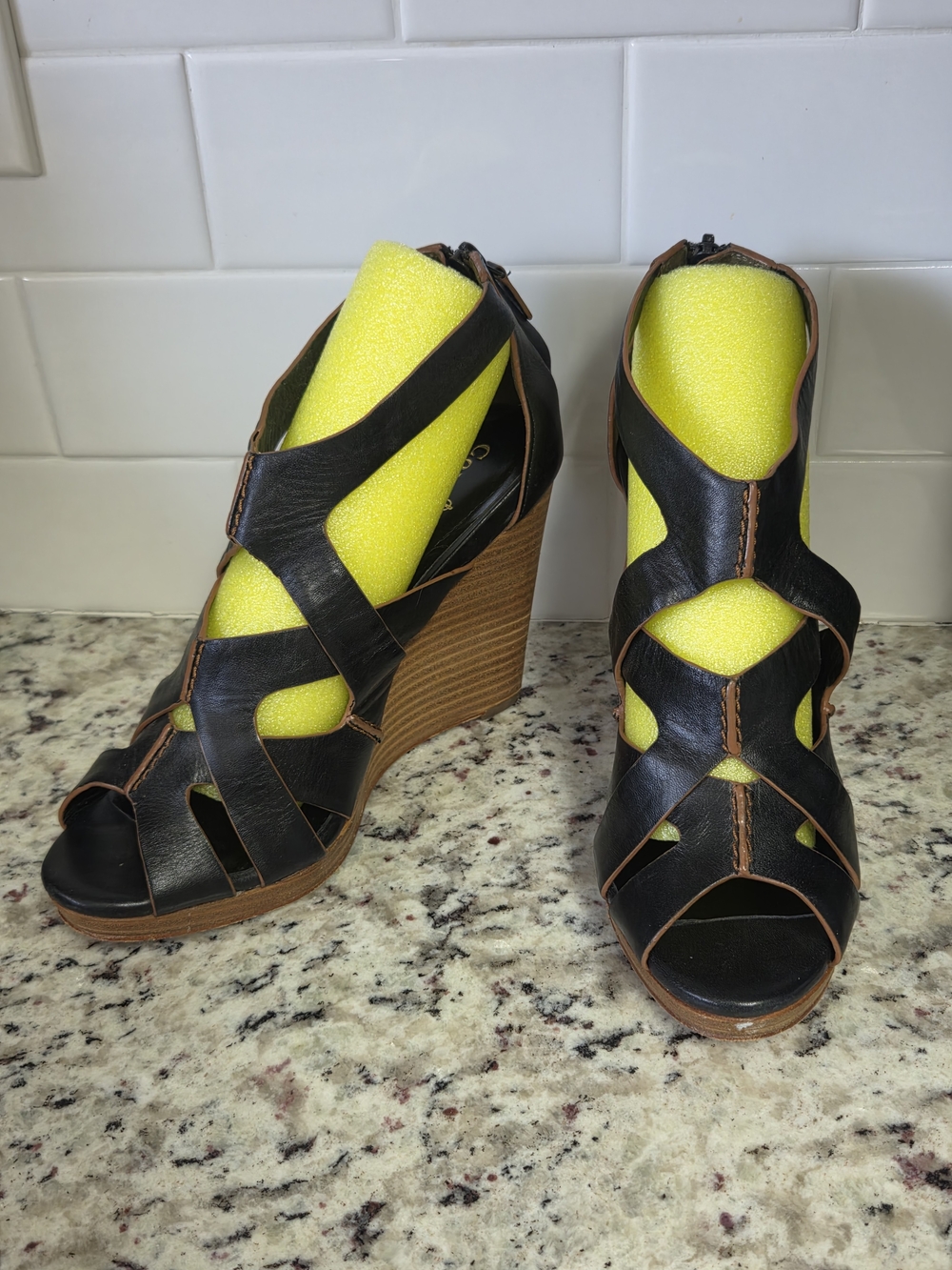 Cole Haan Black Brown Trim Leather Wedge Sandals